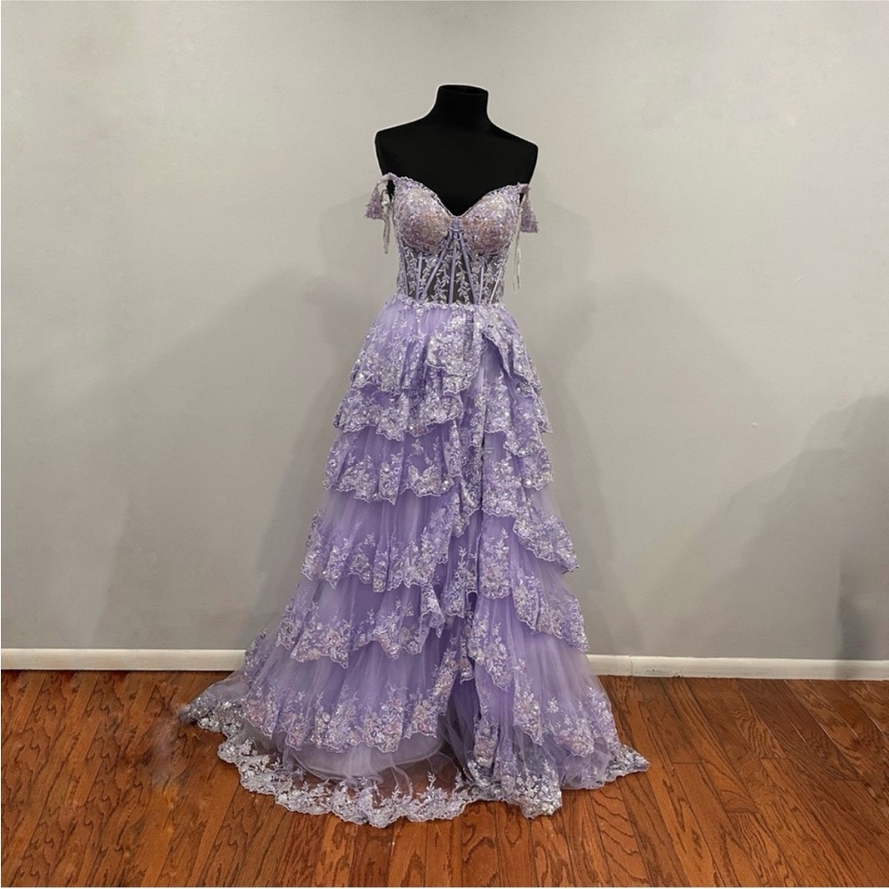 Sherri Hill 55500 Lilac Purple Tiered Ruffle Prom Gown sz 8